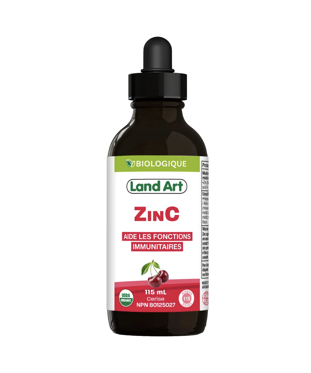 Zinc et Vitamine C - Soutient du système immunitaire et production d'énergie - Land Art - 115ml - Cerise - **PRODUIT DISPONIBLE SUR COMMANDE**